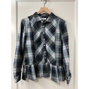 Kensie Jeans Blue Green Tartan Plaid Peplum Ruffle Long Sleeve Top Women's S